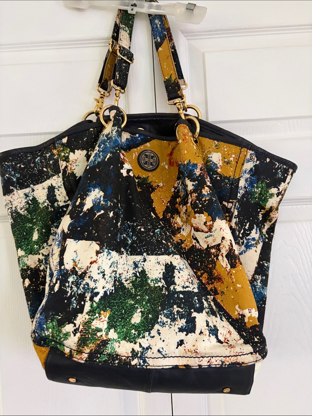 Tory Burch Multicolor Paint-Splash Canvas Tote with Gold Hardware
with Dust bag